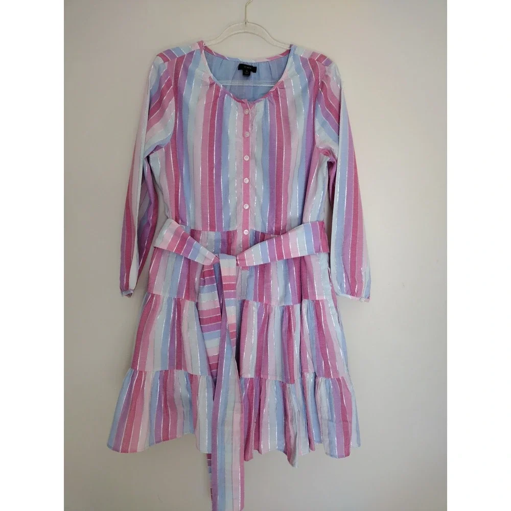 J. CREW Dress‎ Woman M PINK/ Silver Striped Belted Ruffled Long Sleeve Lined